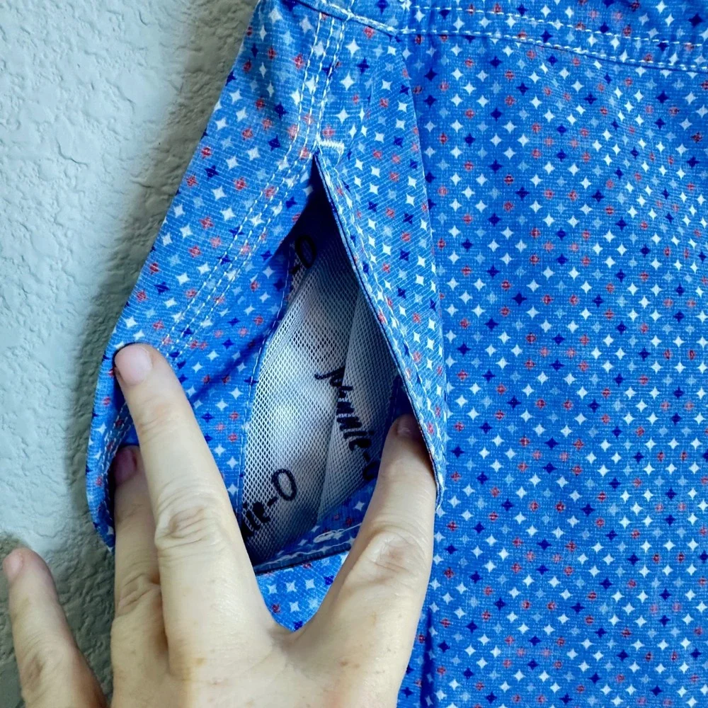 Johnnie-O Mens Blue Geometric Diamond Print Swim Trunks Size Medium Drawstring